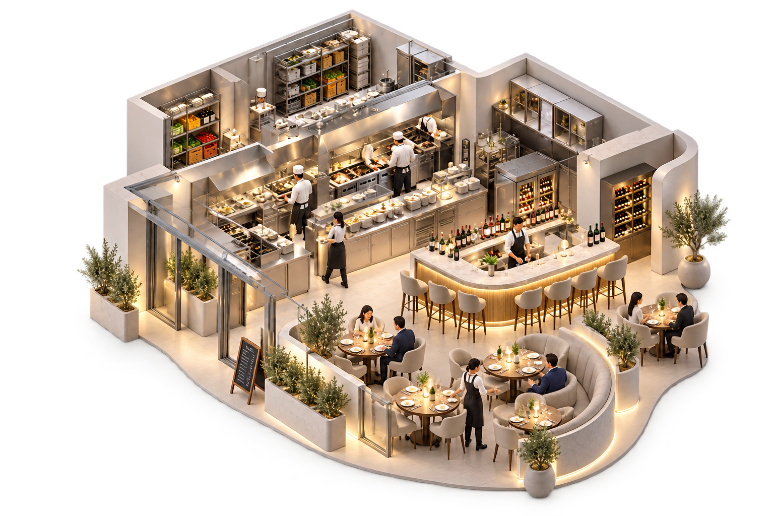 Stilisierter Gastronomiebetrieb mit Gästen, Service, Küche und Lager. Darüber verbindet eine Analyseebene Umsatz mit Personal, Ware und laufenden Betriebskosten.
